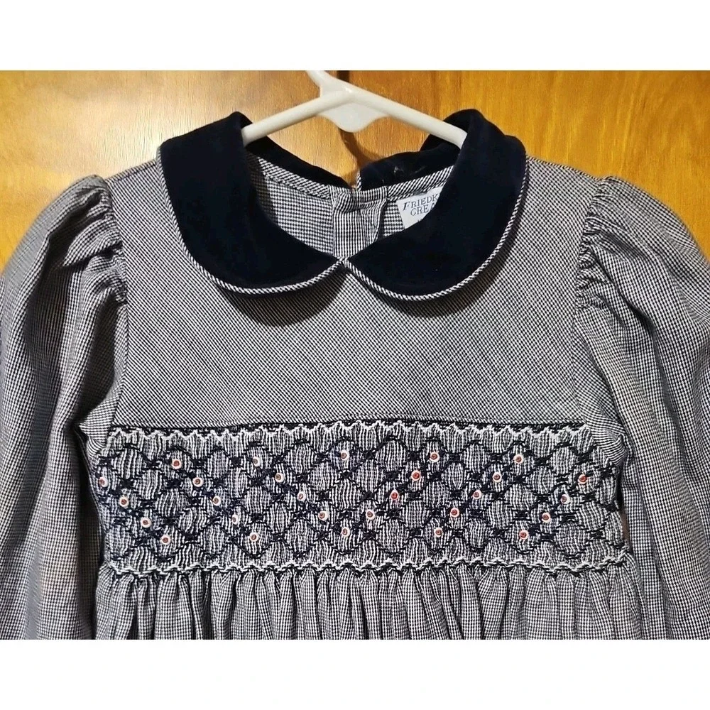 Friedknit Creations Blue Smocked Long  Sleeve Toddler Dress Size 2T 100% Cotton